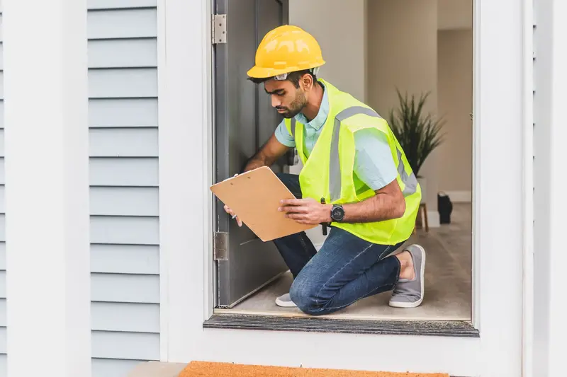 Technicien qui inspecte un logement, carnet à la main